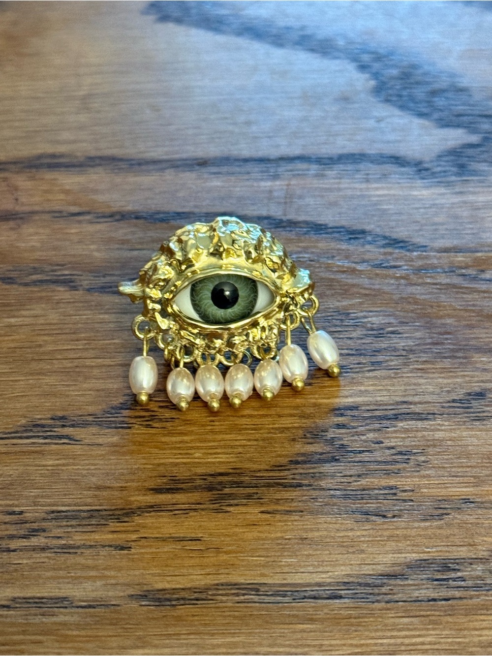 ❣ Schiaparelli Inspired Evil Eyes Pearl Tear drop Gold Tone Adjustable Ring